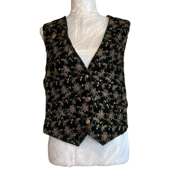 Vintage Velvet Vest Womens Sz Medium Green Gold Embroidered Victorian Romantic - Picture 1 of 16